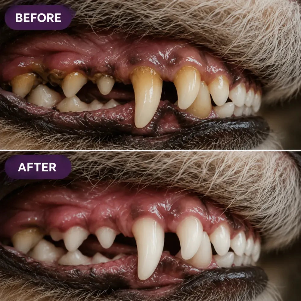 A dog's teeth before and after daily Yummy Combs: brown tartar on the before photo, visibly cleaner teeth after