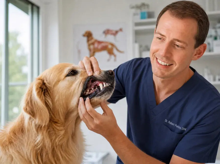 A veterinarian checking a golden retriever's teeth
